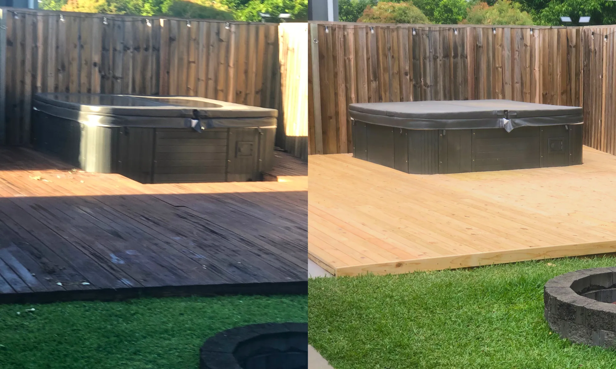 Tired backyard spa deck rebuilt in fresh hardwood with new turf and firepit surround — before and after