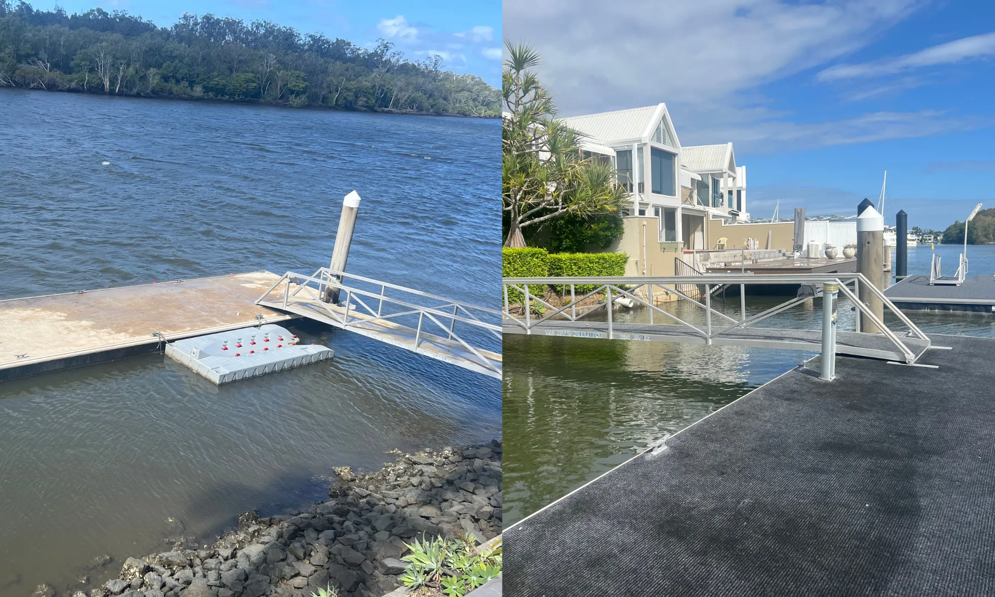 Old timber pontoon ramp replaced with a new aluminium gangway and reset jetty — before and after