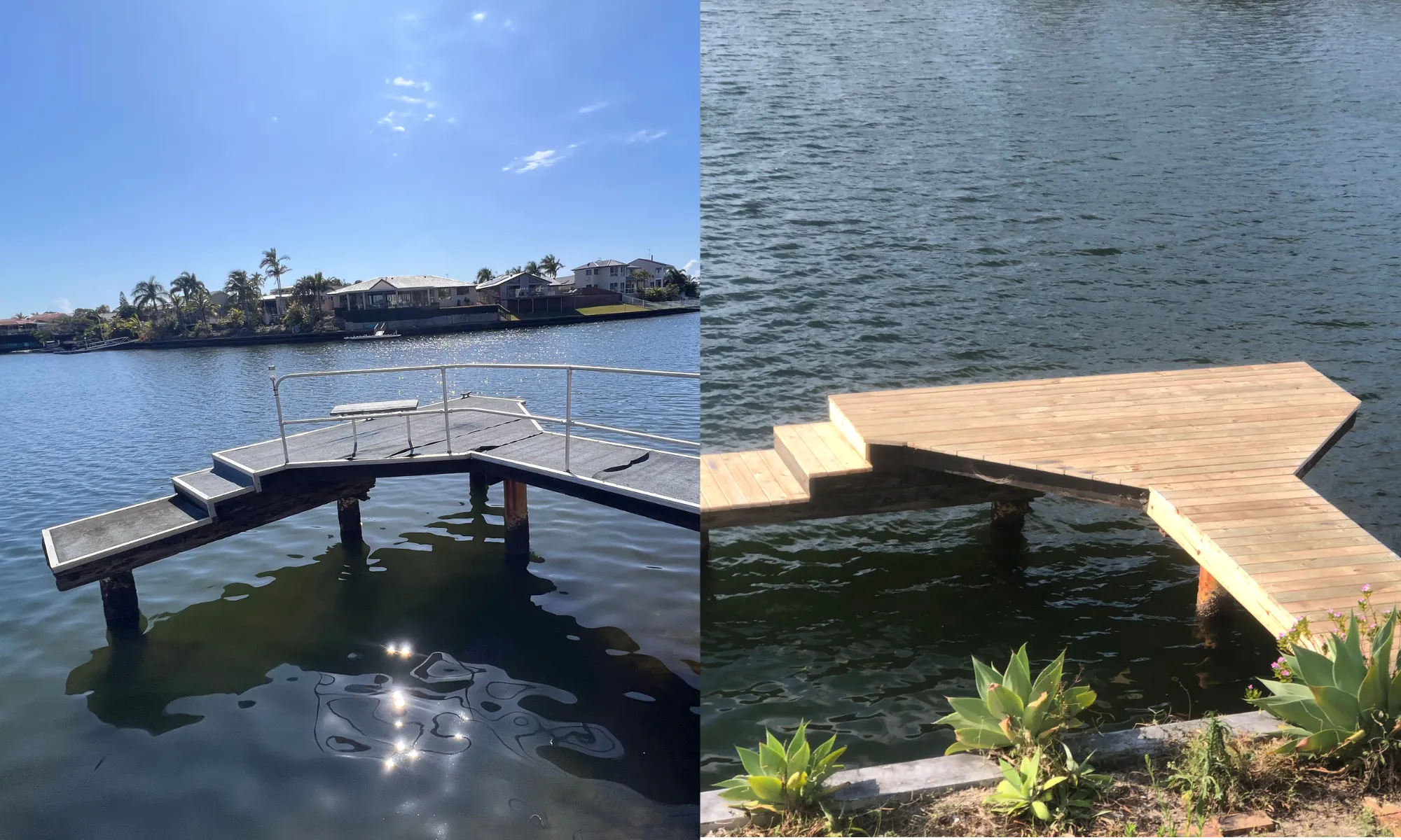 Curved timber jetty top reshaped and rebuilt with a wider hardwood landing — before and after