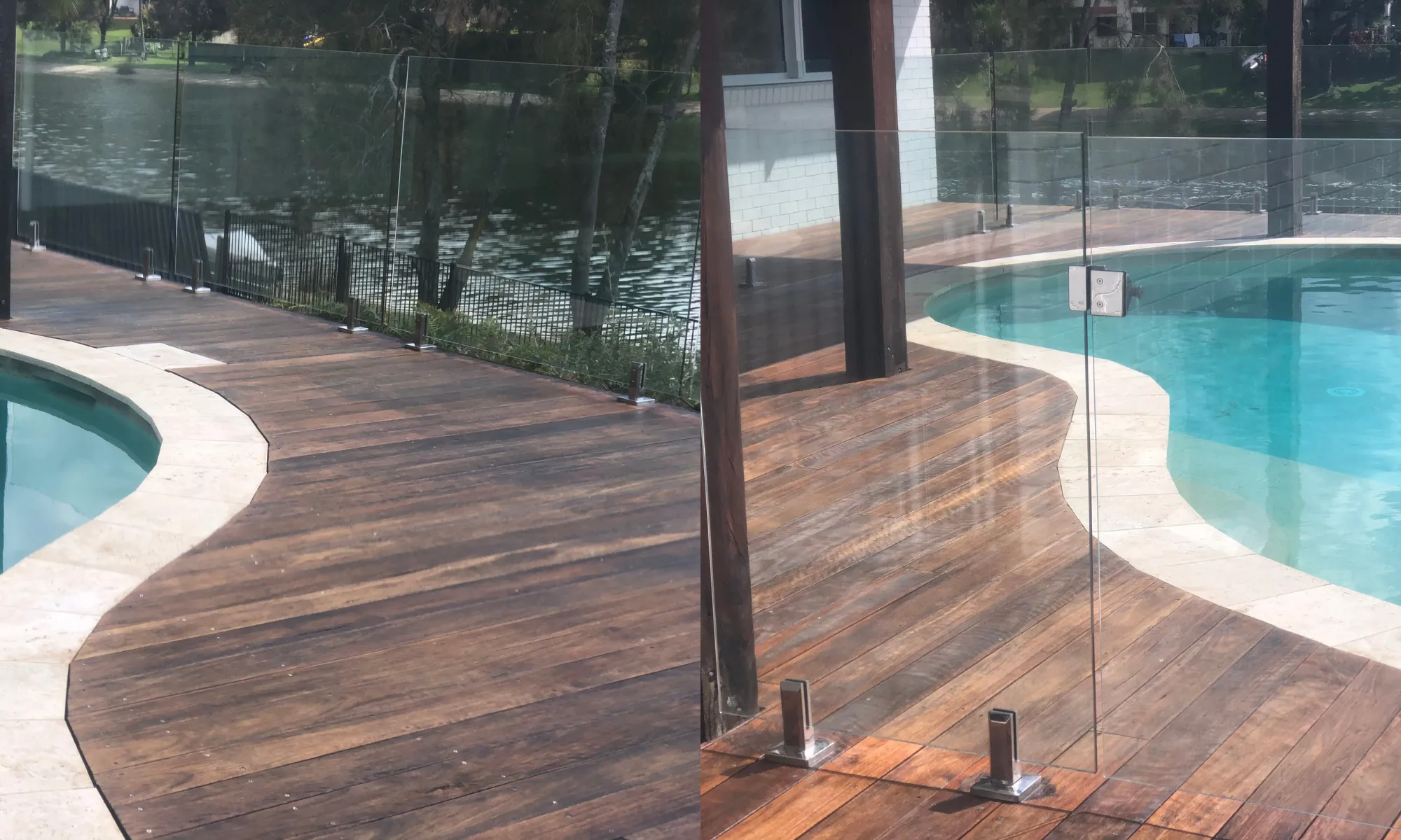 Pool surround timber deck sanded and re-oiled to a deep, even finish — before and after