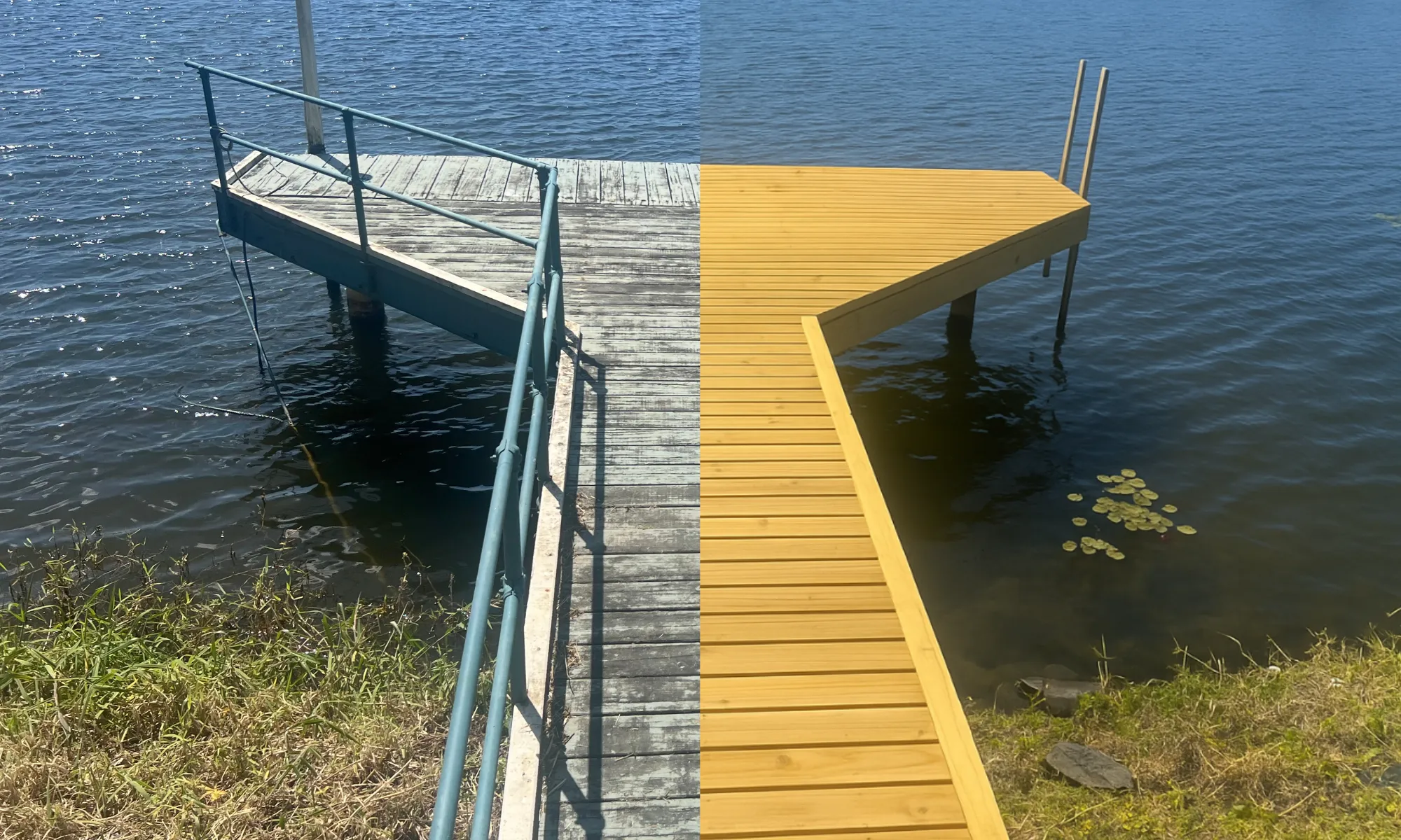 Weathered grey jetty walkway stripped, sanded and oiled back to a warm timber finish — before and after