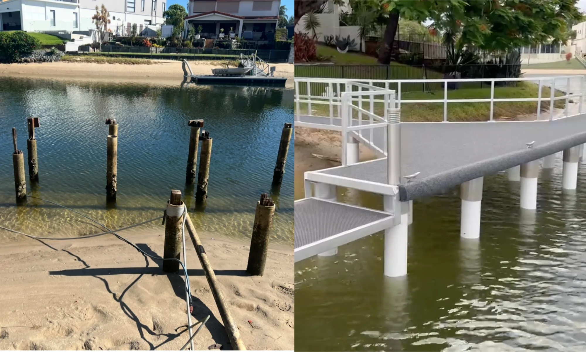 Aged canal pylons replaced with a new white-piered jetty and aluminium rails — before and after