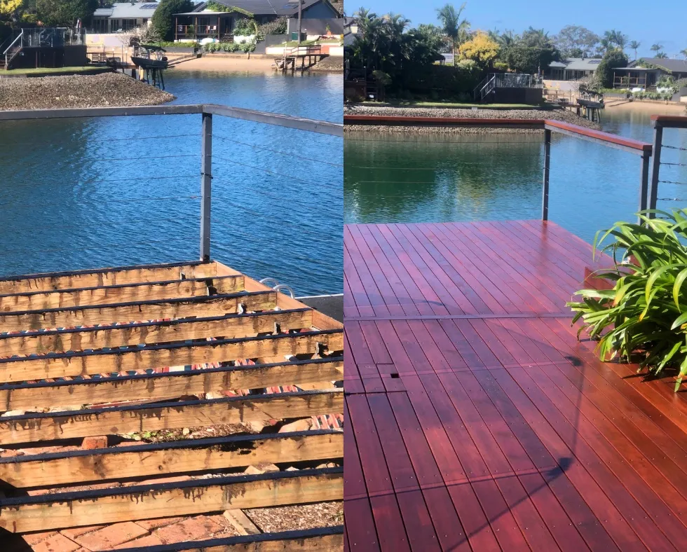 Weathered waterfront deck restored — before and after