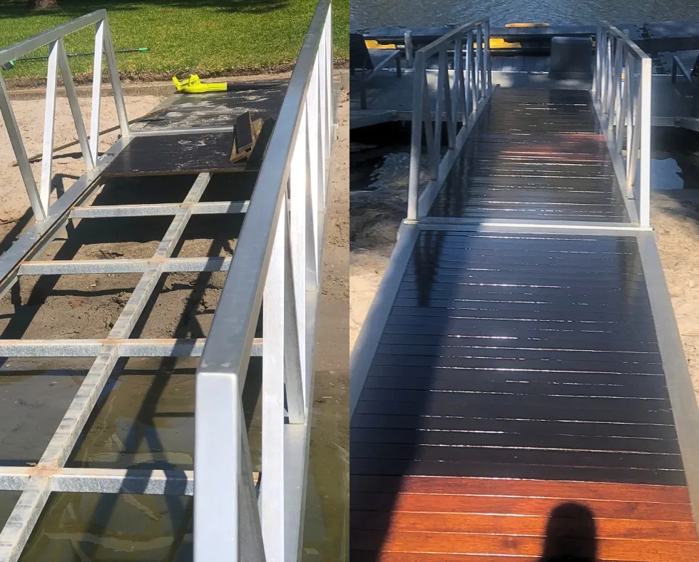 Jetty walkway reset and refinished — before and after